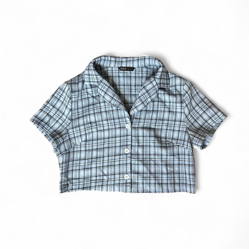 Shein Blue Plaid Cropped Button-Up Top – Size Small